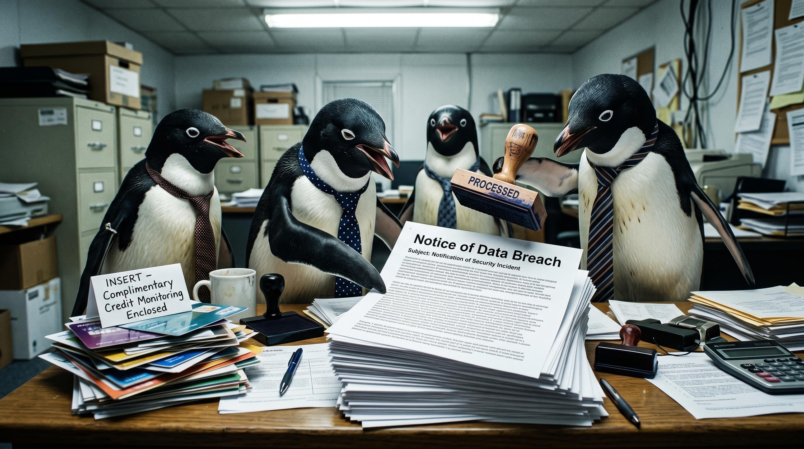 Four penguins in dress shirts and ties gathered around a desk under fluorescent light, rubber-stamping a stack of breach notification letters and laughing. A "Complimentary Credit Monitoring Enclosed" insert sits in a pile nearby. The document header reads "Notice of Data Breach."